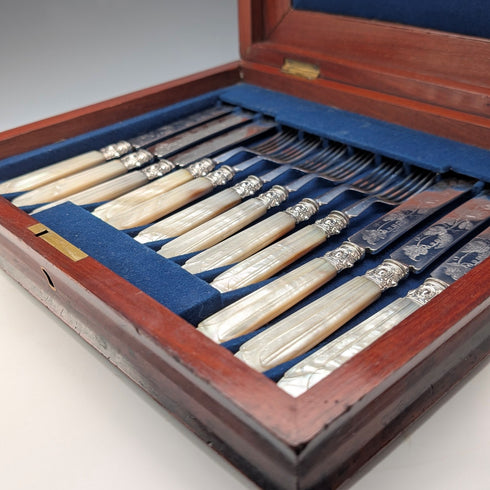 1870 British antique white mother-of-pearl handle dessert cutlery, 6 pairs, wooden box